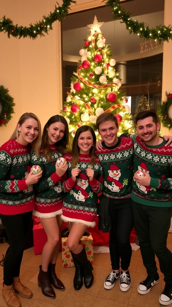 Friends in matching Christmas sweaters posing with ornaments in front of a decorated tree.